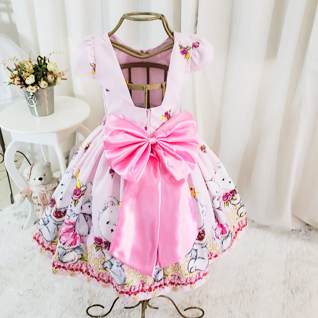 Vestido Infantil Princesa Barbie Rosa Com Aplique de Laço