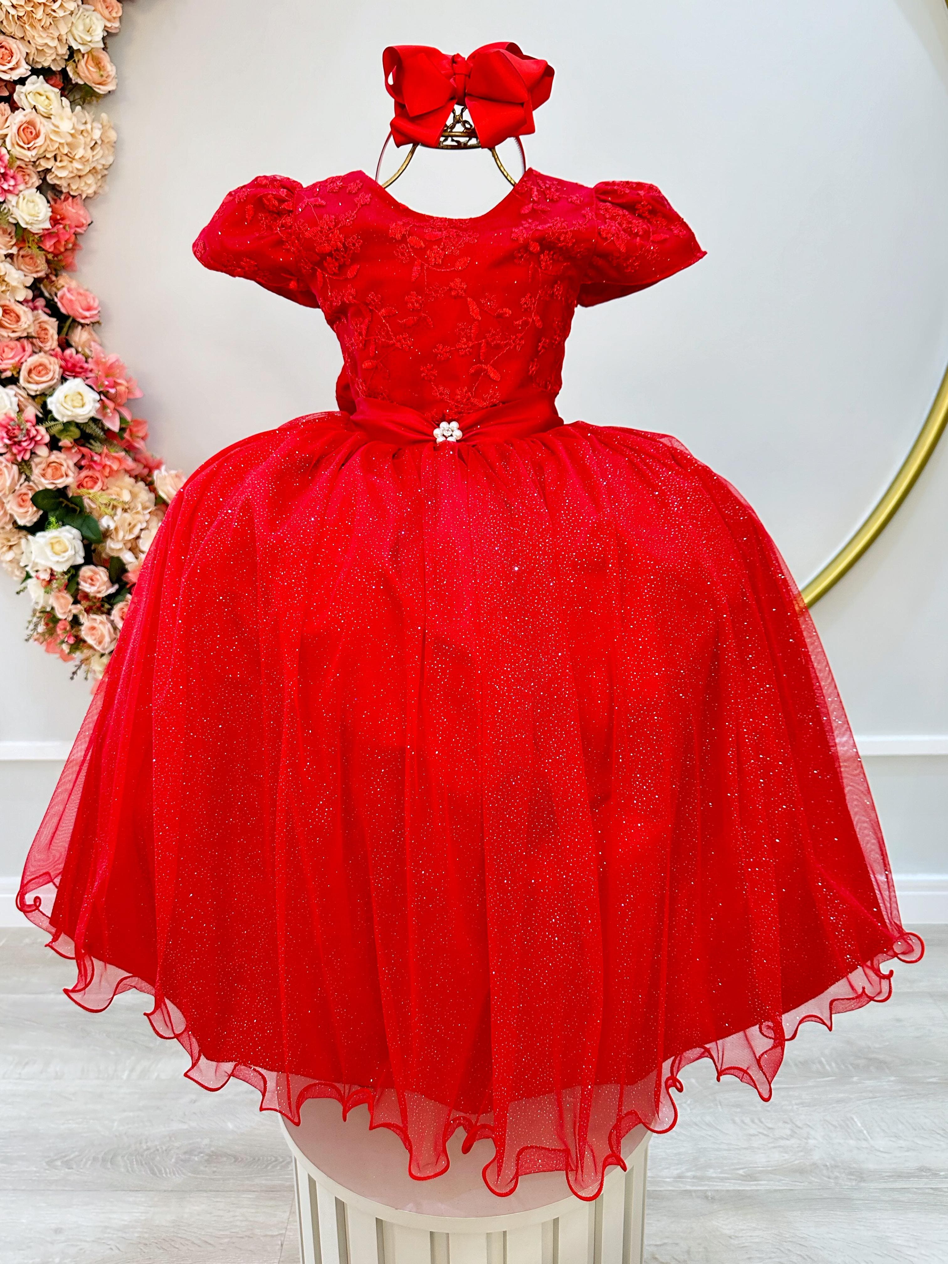 VESTIDO INFANTIL VERMELHO C/ RENDA LUXO E PÉROLAS DAMAS