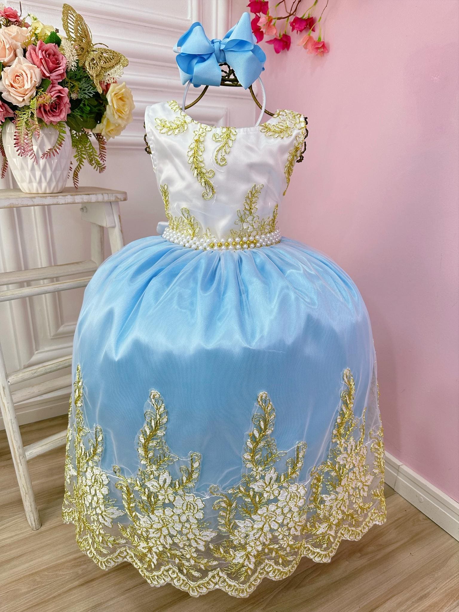 Vestido Menina Festa Azul Bebê com Dourado